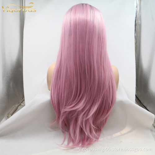 Vigorous ombre pink premium high quality straight wave long wholesale black women synthetic hair wigs small lace front